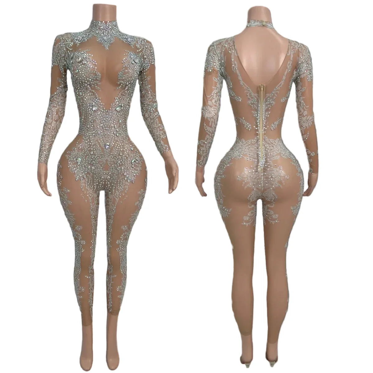 High Neck Crystal Appliqué Illusion Bodysuit