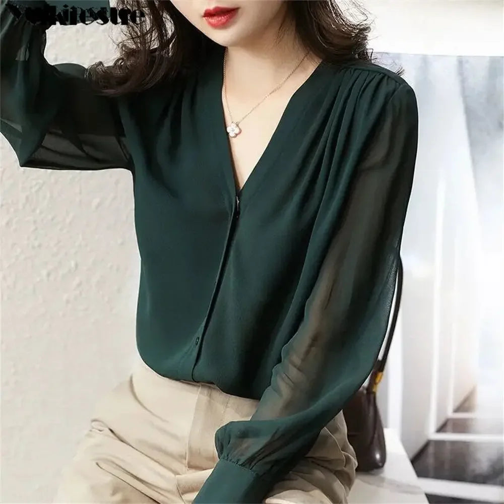 Spring Summer Elegant blouse women Korean Chiffon Shirt Women Long Sleeve Ruffled Women&#39;s shirts and blouses Office Lady Tops