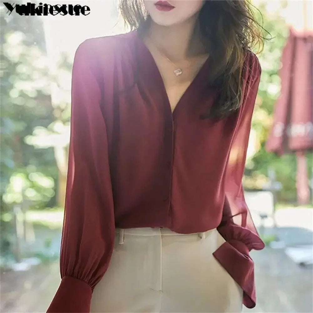Spring Summer Elegant blouse women Korean Chiffon Shirt Women Long Sleeve Ruffled Women&#39;s shirts and blouses Office Lady Tops
