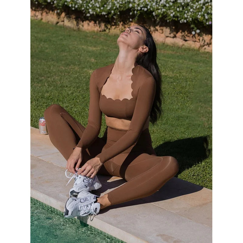 Black Square Neck Tight High Elastic Skinny Yoga Sports Long Sleeves Fashion Compression Pants Fitness Leggings Workout Tights