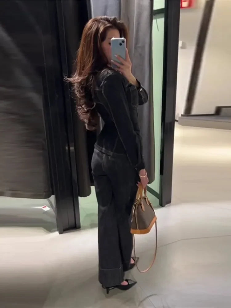 Street Vintage Denim Pants Sets Women Slim Long Sleeve Lapel Single Breasted Jacket Straight Trousers 2025 Spring Lady Outfits
