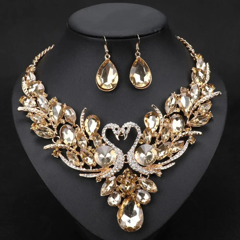 Crystal Bridal Jewelry Sets Gold Color Swan Pendant Necklace Women Gift Party Wedding Prom Necklace Earring Accessories LUXLIFE BRANDS