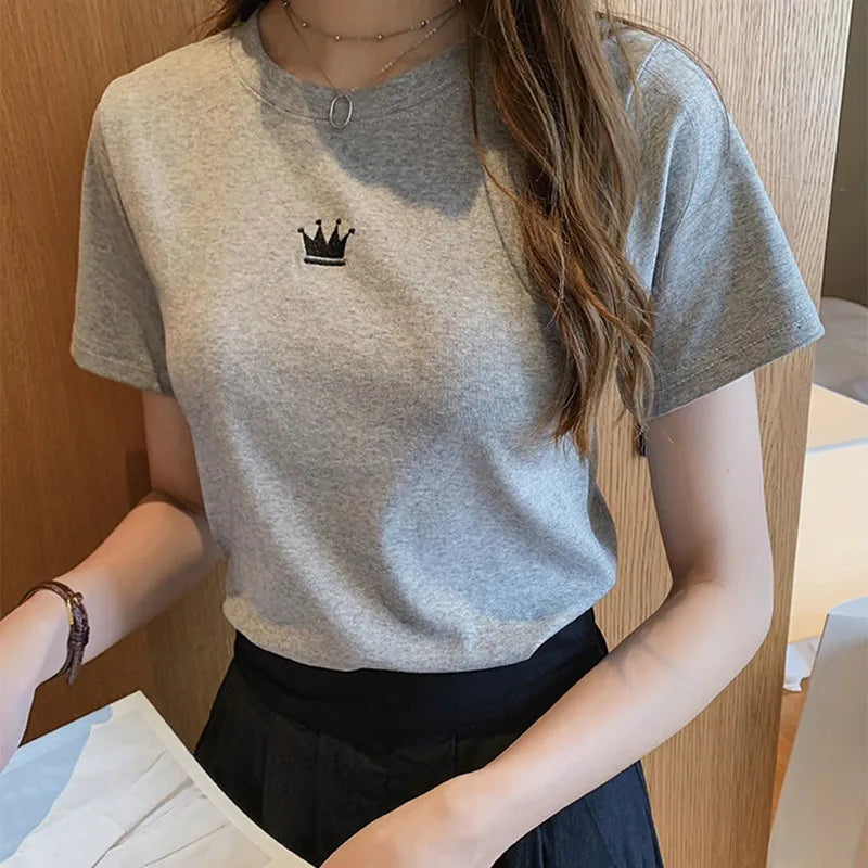 SunmmerNew Crown Print T-shirt Girl  Short Sleeves Female Clothes Fashion Youth Round Neck Tops T-shirt Gift LUXLIFE BRANDS