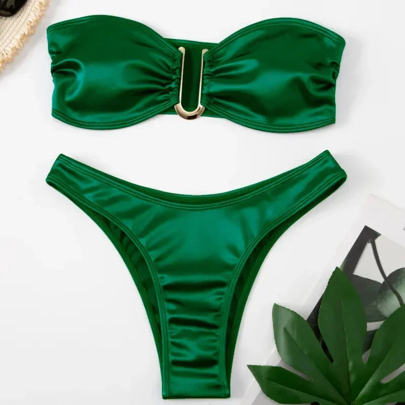 2024 New Summer Solid Push Up Woman Swimsuit Beach Sexy Bikini Set Solid Swimming Suit for Women Swimwear Bandeau Bathing Suit