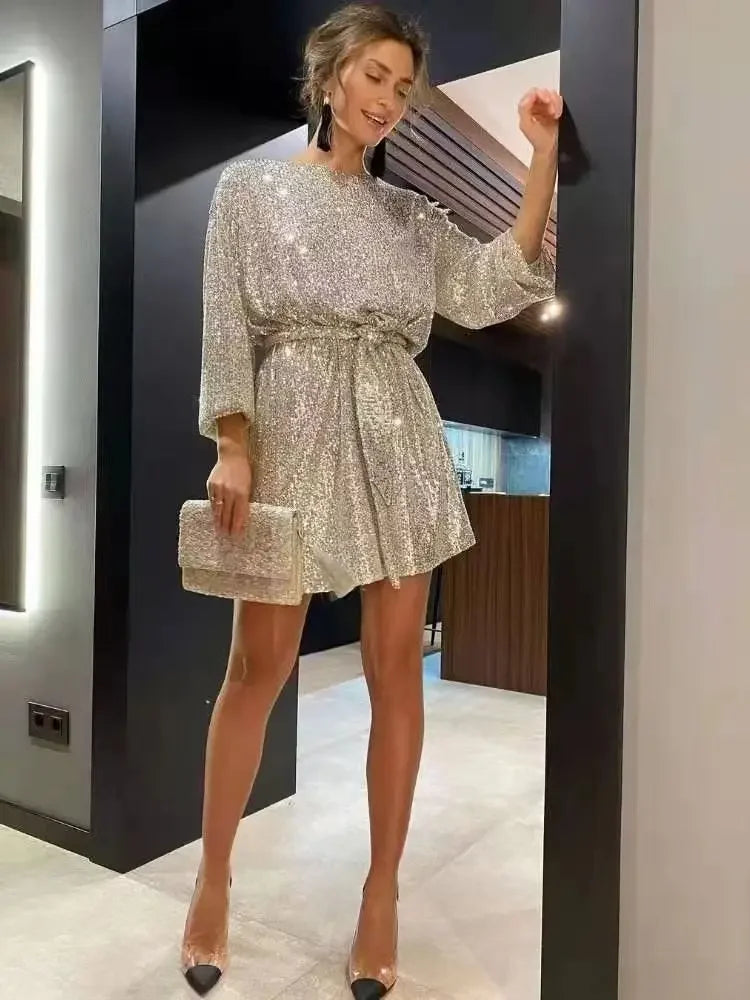 Women Loose Sparkly Prom Dresses 2023 Gold Black Silver Sequin Round Neck Short Party Dress With Belt Elegant Night Club Outfits LUXLIFE BRANDS