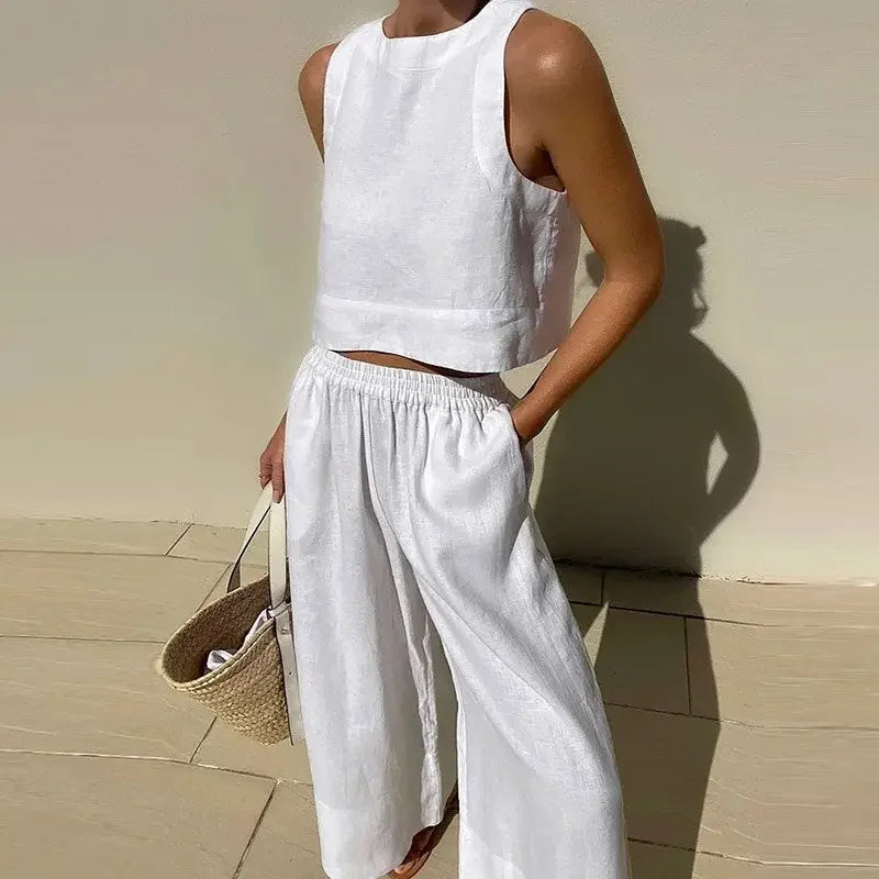 Summer Loose O-Neck Top Wide Leg Pants Two Piece New Elegant Pullover Pants Summer Suit Women Harajuku Style Cotton Linen Suit