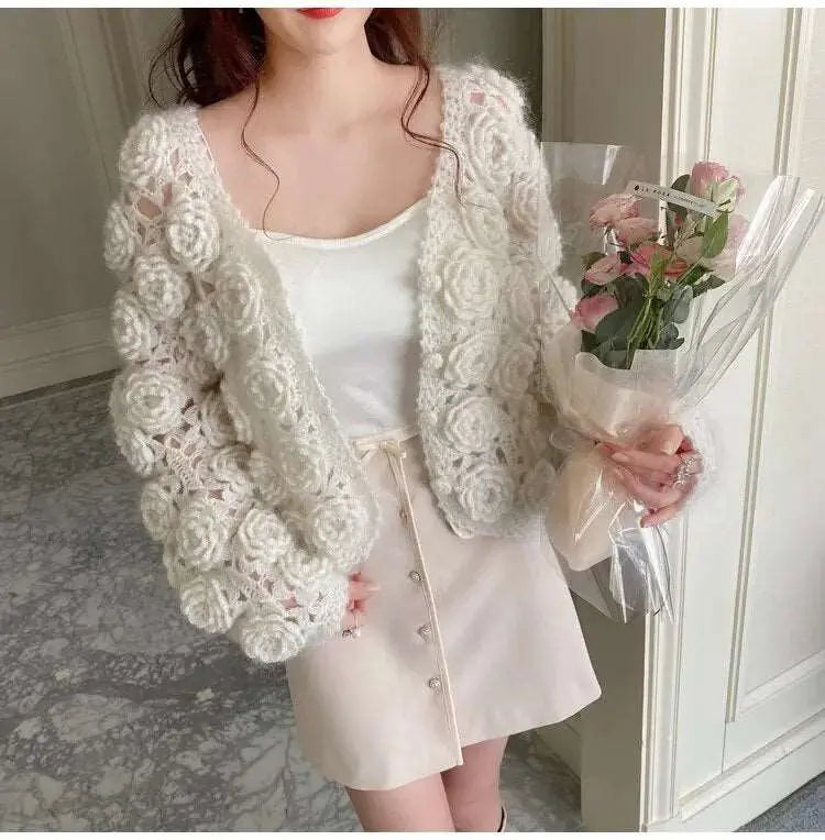2022 Autumn and Winter New Mohair Sweater Coat Women's Handmade Three-Dimensional Rose Flower Heavy-Duty Knitted Cardigan