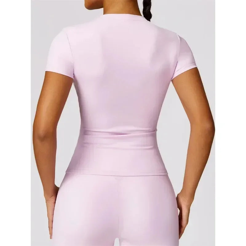 Seamless Yoga Set Women Pink Short Sleeve Top with High Waist Leggings Two Piece Workout Clothes Sports Fitness Gym Sets