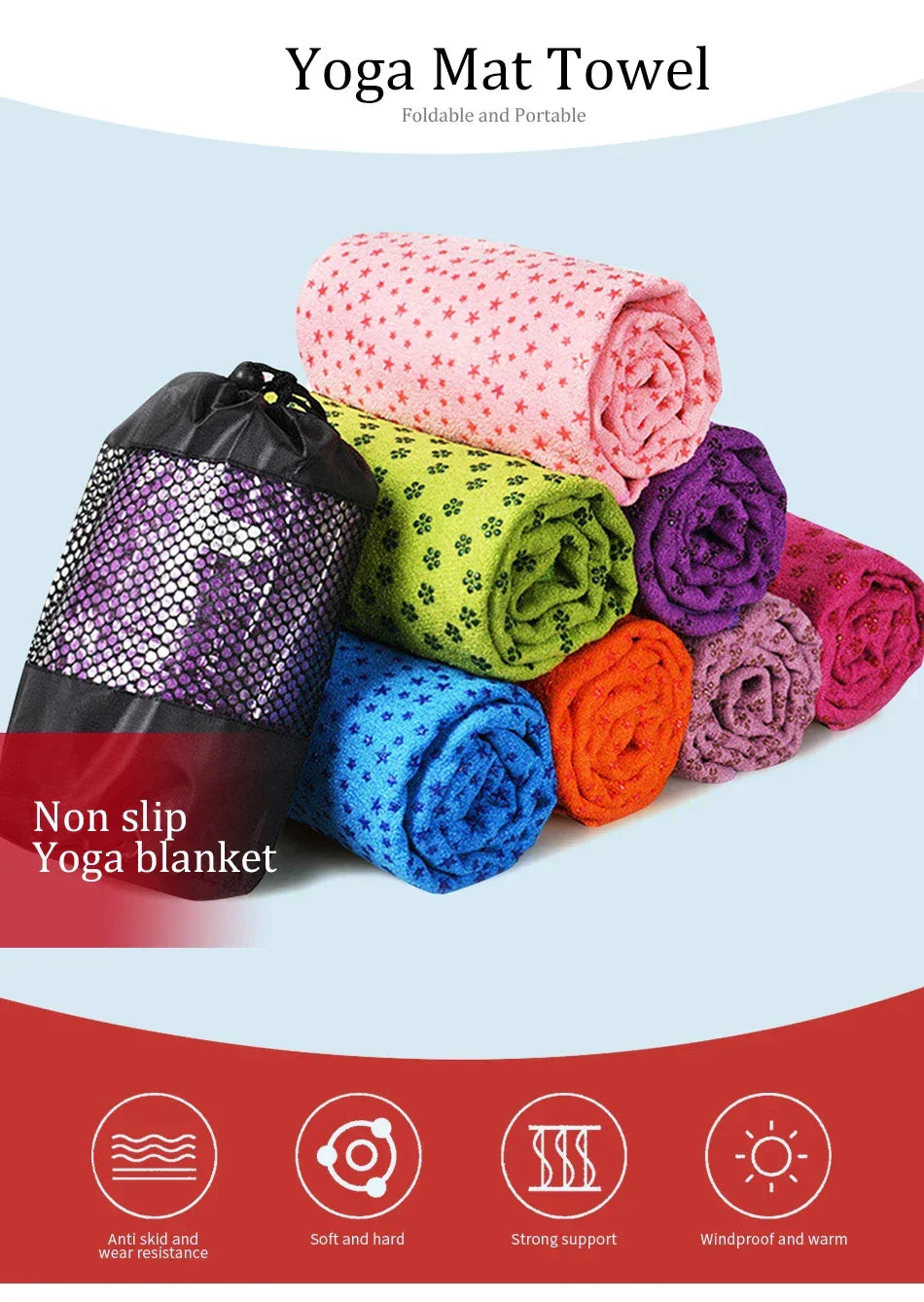 Yoga Mat Cover Towel Non-Slip Sweat Absorbent Solid Foldable Portable Pilates Exercise Sports Travel Fitness Blanket 183CM*63CM