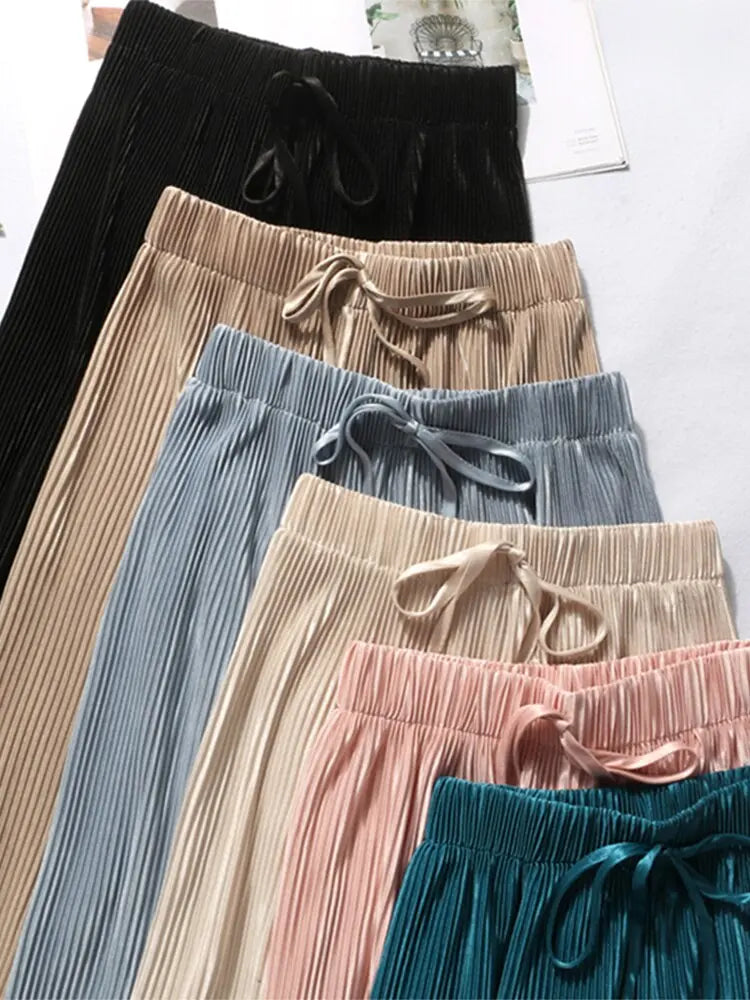Summer Wide Leg Pants For Women Casual Elastic High Waist 2020 New Fashion Loose Long Pants Pleated Pant Trousers Femme