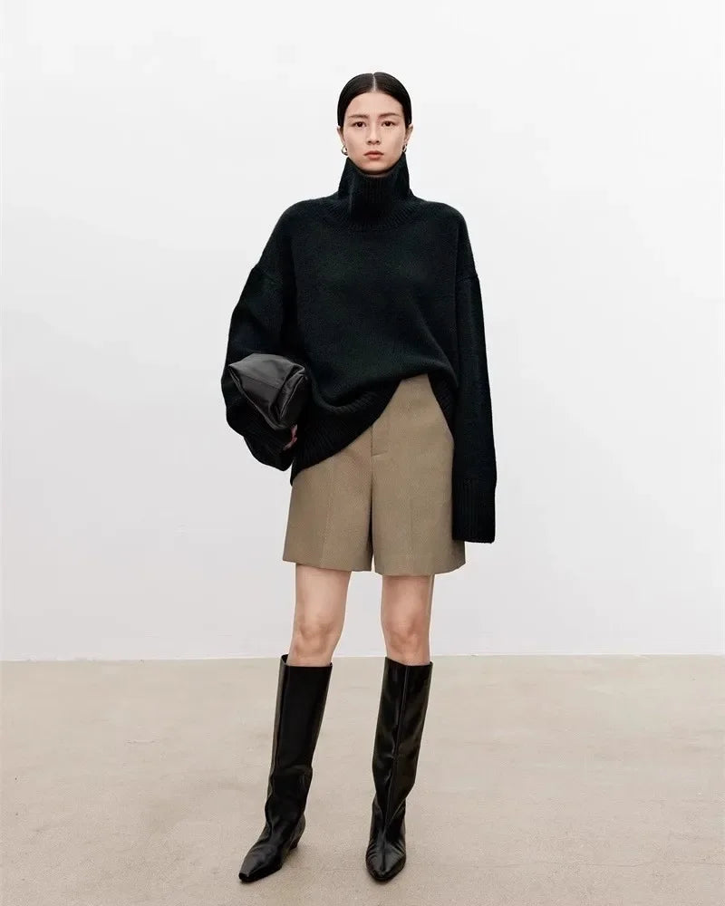 Thickened turtleneck 100% pure cashmere sweater women's loose lazy knit silhouette sweater European products Luxlife Brands