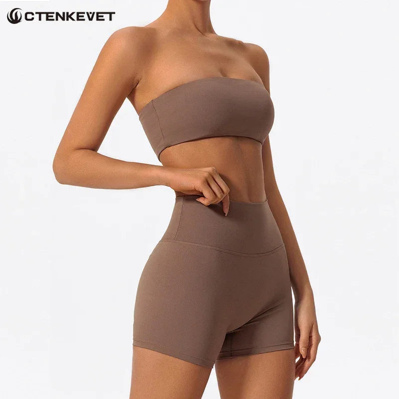 Ctenkevet Women Strapless Bra Suits Gym Workout Yoga Outfit Female Fitness Crop Top Outdoors Activewear Women Underwear Set