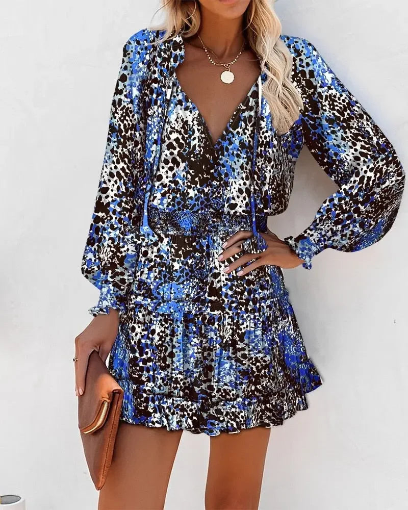 Women's Dresses 2023 Spring Fashion Floral Print Long Sleeve V Neck Casual Lantern Sleeve Ruffle Mini Waist Dress