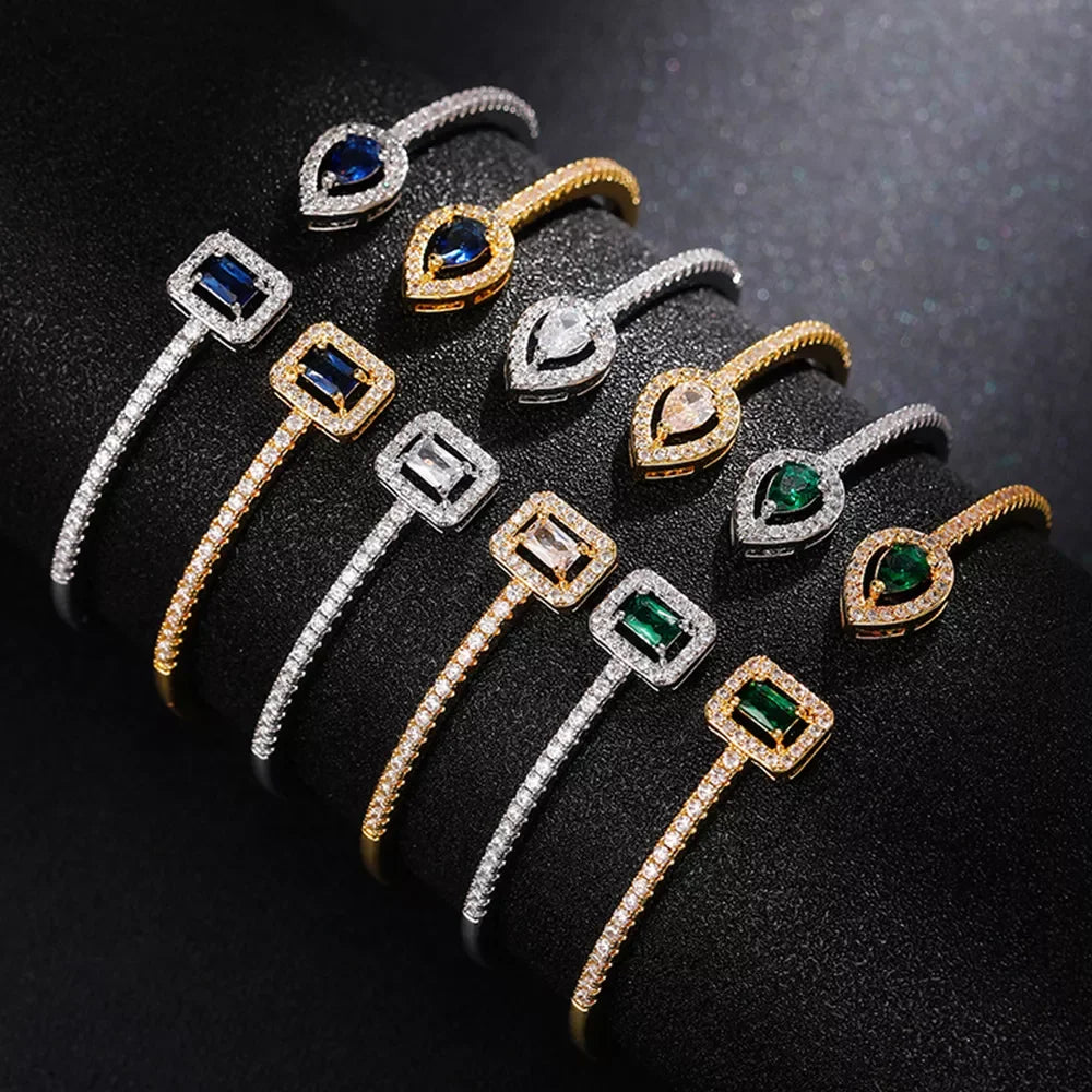 Huitan Luxury Green/White/Blue Cubic Zirconia Cuff Bracelet Bangle for Women Good Quality Female Hand Jewelry 2022 Drop Shipping LUXLIFE BRANDS