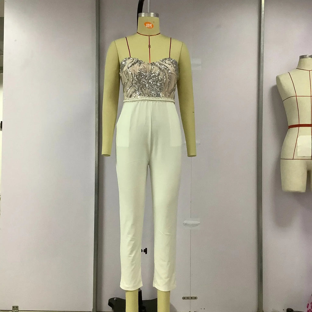 BKLD Fashion Club Outfit For Women Sexy Backless Jumpsuit One Pieces Strapless Solid Color Sequin Patchwork Party Jumpsuit - LUXLIFE BRANDS