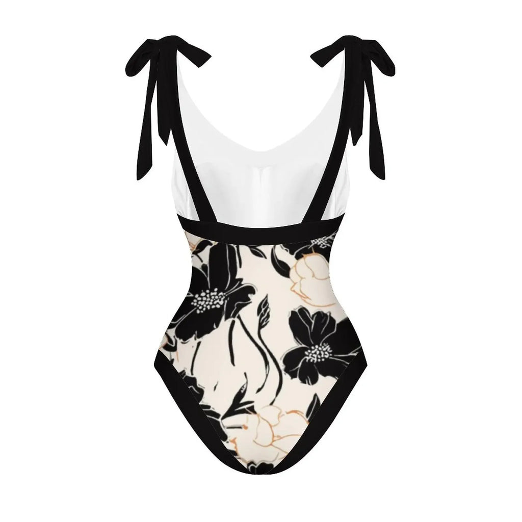 Black & White Flower Print Deep V-Neck Bikini Bow Strap Halter Sexy Swimsuit Plus Size Women 2023 Push-Ups Fashion Summer LUXLIFE BRANDS