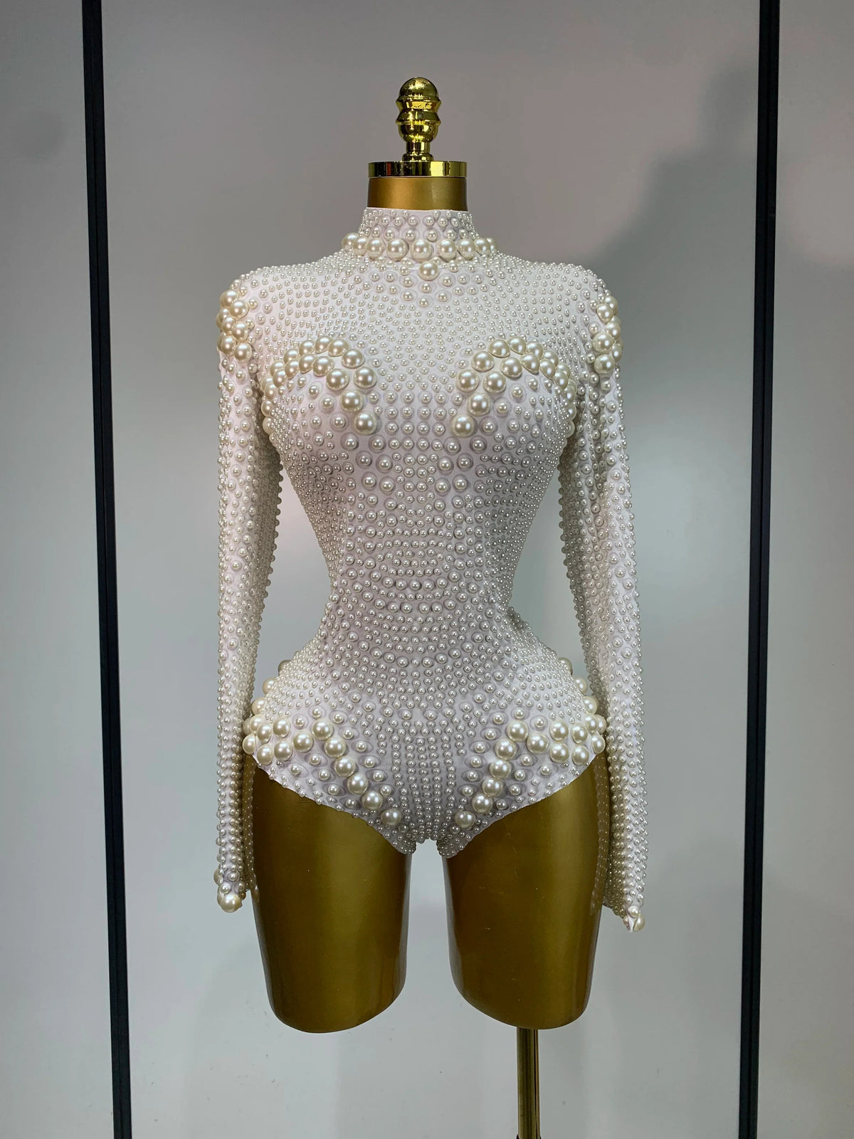 Luxury Pearl Long Sleeve Spandex Stretch Bodysuit Evening Stage Performance Costume