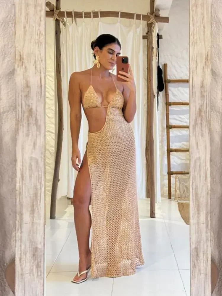 Sexy Slim Low-cut Tie Knit Halter Cut Out Circle Decoration High Slit Beach Maxi Dress 2025 Women Summer Swimsuit Cover Up K88 Luxlife Brands