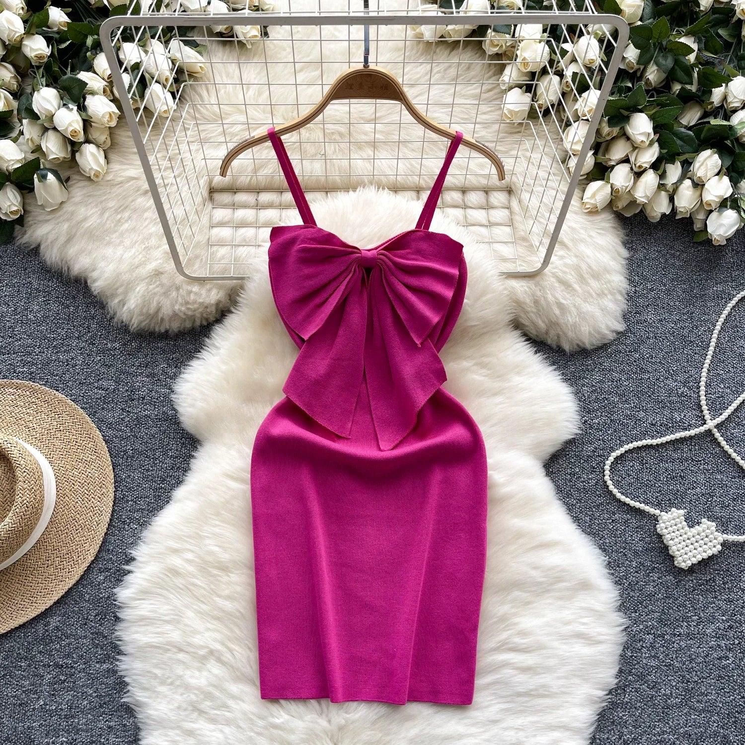 2024 Sexy Backless Lace Solid Knitted Bow Summer Dress Women Black Mini Party Dress Bodycon Sheath night Club Outfits