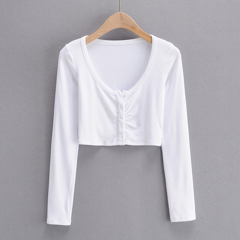 Slim V-neck Long Sleeve Bottomed Womens Tops And Blouses High Street Solid Color Open Navel Cardigan U4WF