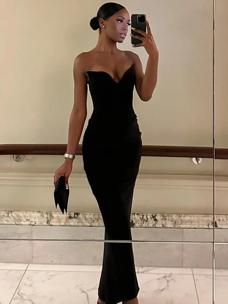 Goddess Black Sexy V-neck Maxi Dress LUXLIFE BRANDS