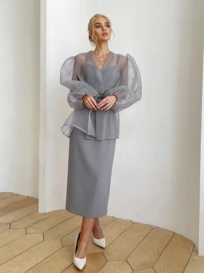 2023 Spring Summer Women Elegant Solid Grey Mesh Shirt Ladies Long Sleeve Sheer Chiffon Blouse For Woman Female