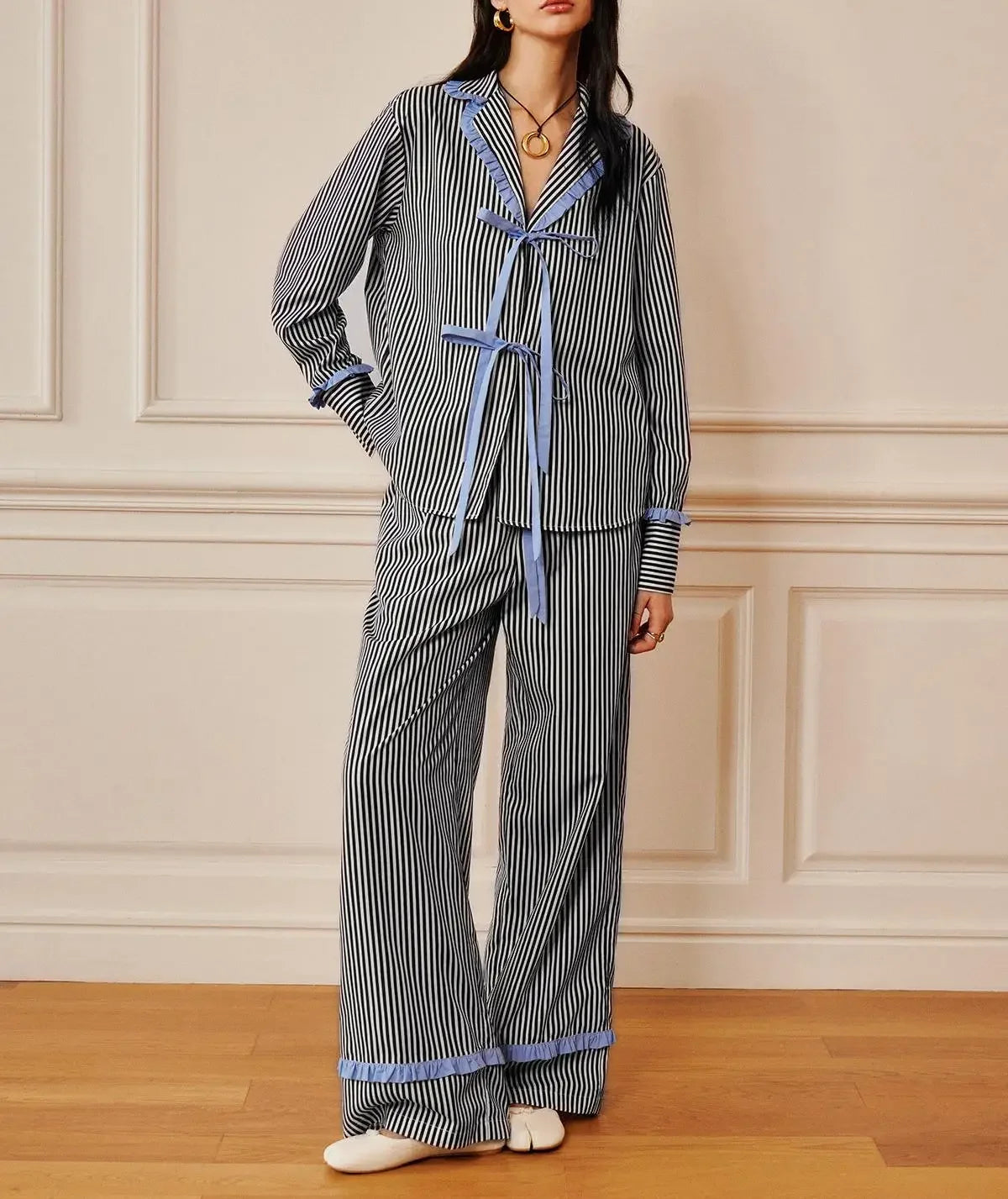 Hirigin Valentines Day Bow Tie Pajamas For Women Silk Satin Bow Striped Pjs Long Sleeve Shirt And Ruffle Lounge Pants Sets S M L