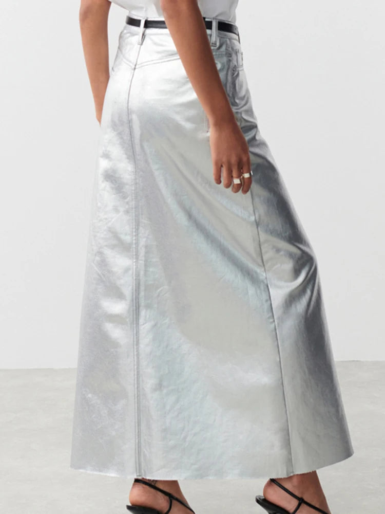 Silver High Waist Pencil Maxi Skirt