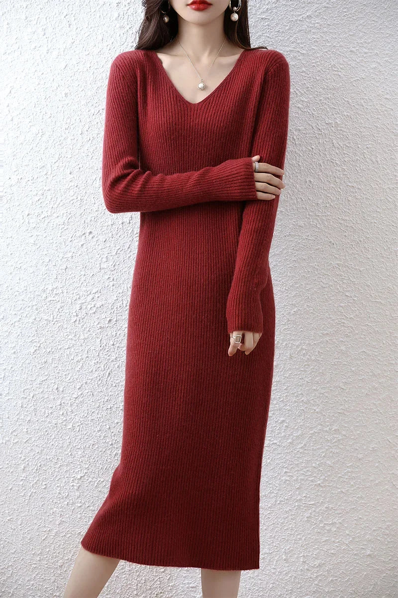 Elegant Long Sleeve Ribbed 100% Merino Wool Sweater Dress LUXLIFE BRANDS