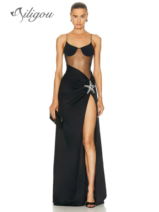 Ailigou 2023 Women's Sexy Sleeveless Mesh Splice Starfish Diamond Tight Fit High Split Long Bandage Dress Celebrity Party Dress