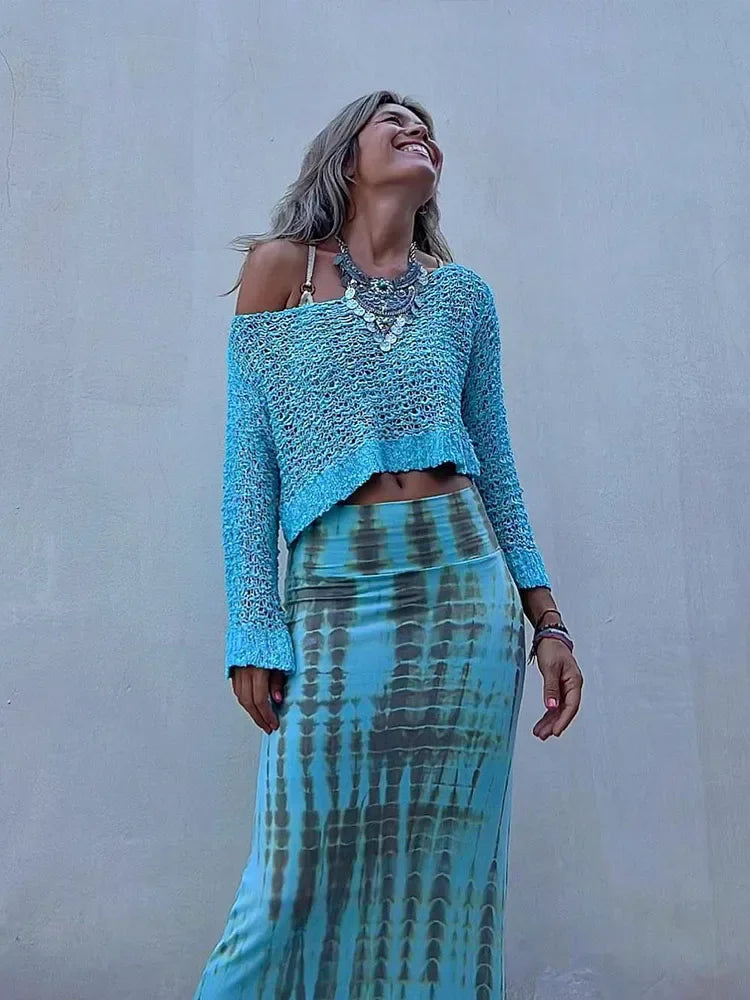 Bohemian Vintage Sweater Pullover Women Knitted Clothing Solid Slim Jumper Hollow Out 3/4 Flare Sleeve Autumn Crochet Crop Top