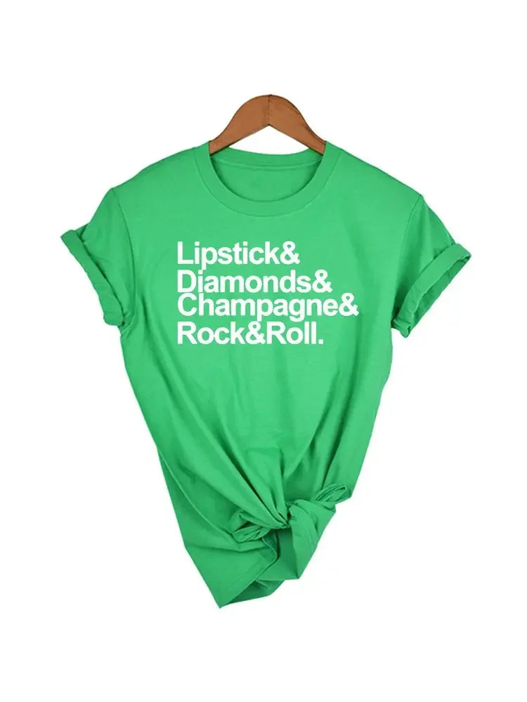 Lipstick Diamonds Champagne Rock and Roll Women Shirts Streetwear Short Sleeve Casual O-Neck T-shirt Tumblr Tops Tee tshirts