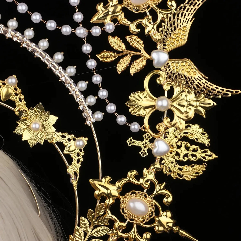Sun Goddess Angel KC Halo Crown Headpiece Queen Anna Baroque Pearl Tiara Headband Lolita Collection Gothic Accessories - LUXLIFE BRANDS