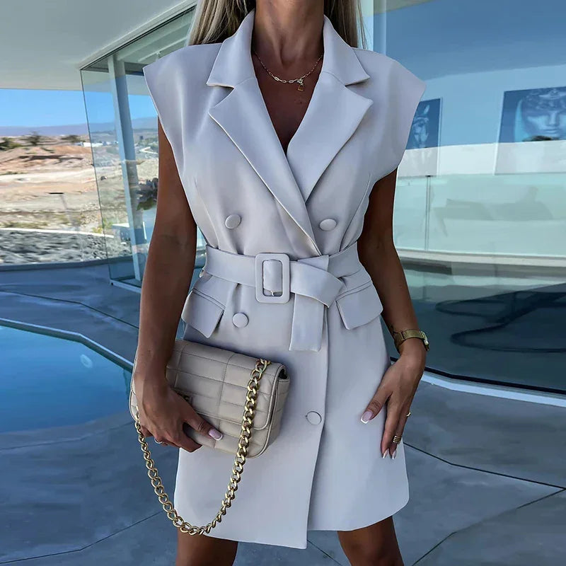 2023 Party Dress Loose Holiday Loungewear Women Summer Sleeveless Mini Dress Solid Fashion V-Neck Belt Ladies Dress Dropshipping