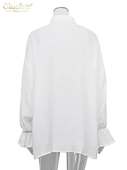 Clacive Fashion White Office Woman Blouses 2022 Autumn Lapel Long Sleeve 100%Cotton Shirts Lady Elegant Chic Top Female Clothes