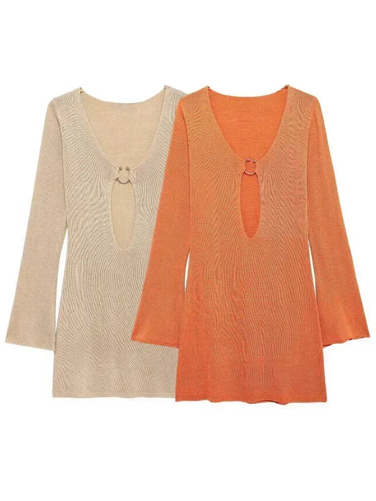 Sexy V Neck Flared Sleeve Slim Knitted Mini Dress 2024 Autumn / Winter Women's Elegant Long Sleeve Vacation Short Dresses A2917