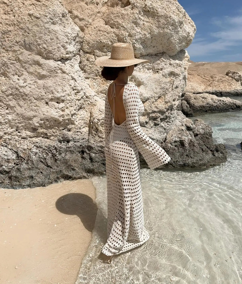 Sexy Knit Mesh Backless Long Bell Sleeve Beach Maxi Dress 2025 Women's Summer Slim Outfits Vacation Swimsuit Cover Up Tunic K205 Luxlife Brands