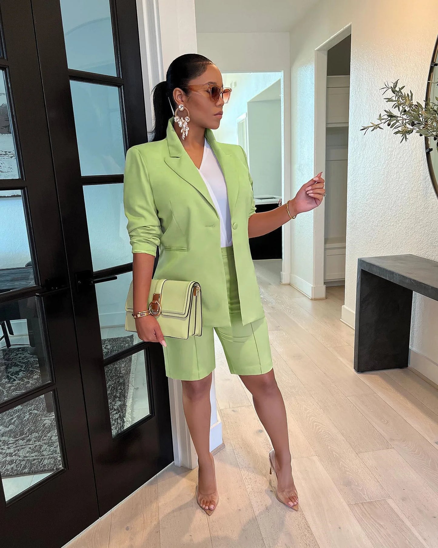 Autumn Fashion Elegant Two Piece Set Women Office Ladies Solid Slim Blazer Shorts Two Piece Set for Women