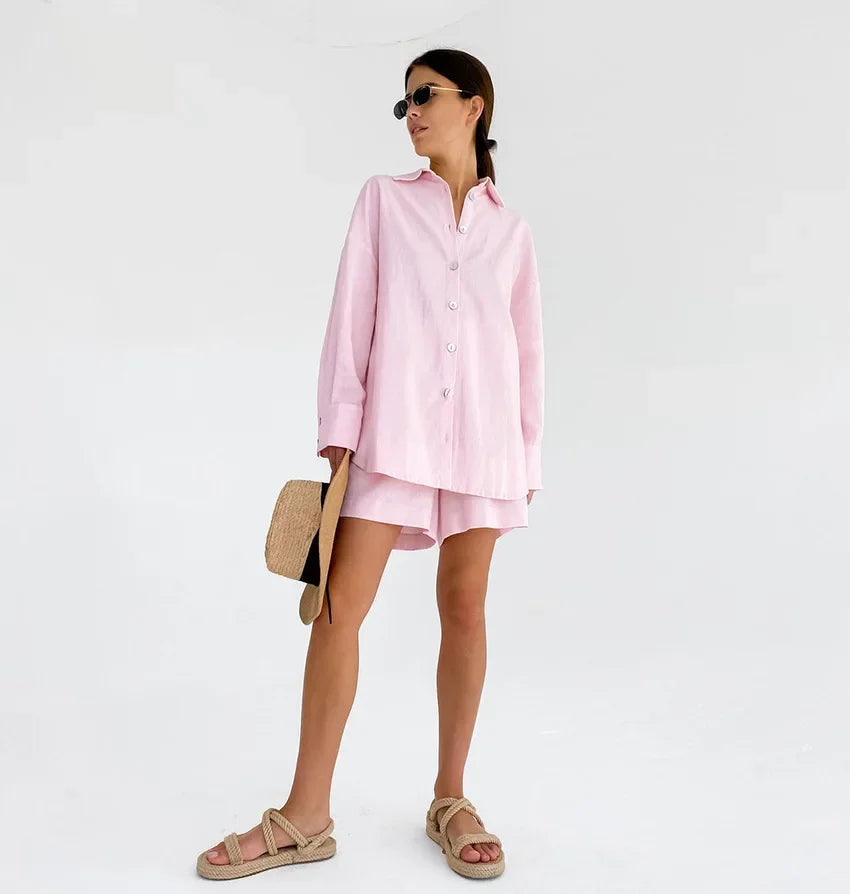 Spring Summer Cotton Linen Loose Shorts Set Solid Color Lapel Single Breasted Casual Shirts Women Outfits Pleated Female Suit LUXLIFE BRANDS