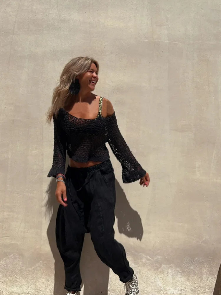 Bohemian Vintage Sweater Pullover Women Knitted Clothing Solid Slim Jumper Hollow Out 3/4 Flare Sleeve Autumn Crochet Crop Top