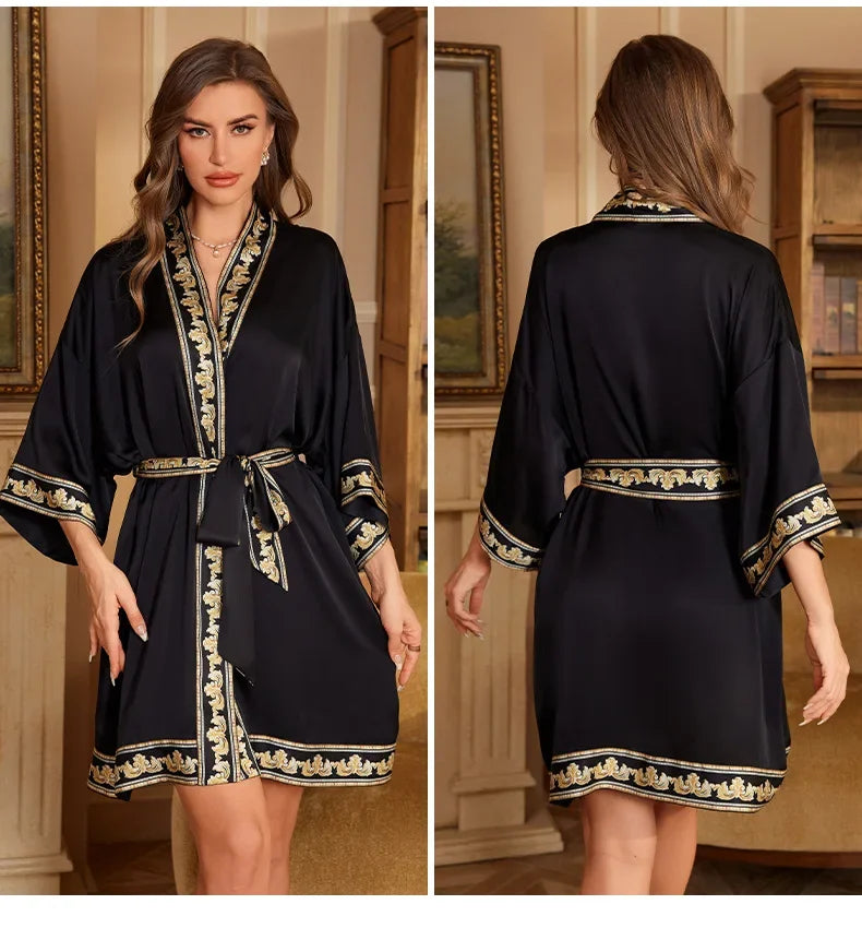 Female Robe Nightgown Summer Satin Sleepwear Loungewear Silky Printing Kimono Bathrobe Gown Yukata Sexy Casual Nightwear