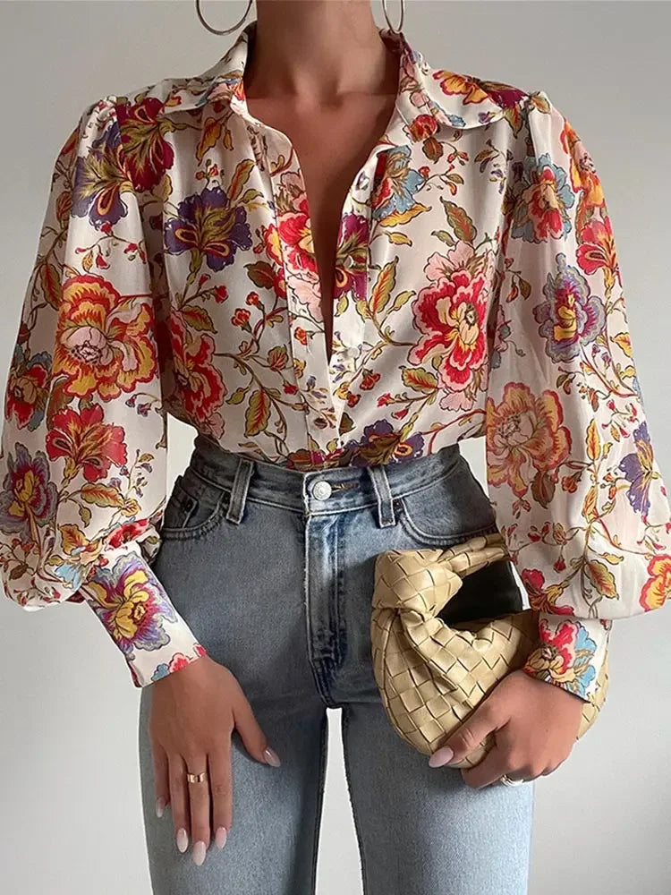 Women&#39;s Floral Print Puff Sleeve Shirt Female Elegant Casual V Neck Shirts 2023 Spring Summer Ladies Tops Blouses Vintage Blouse