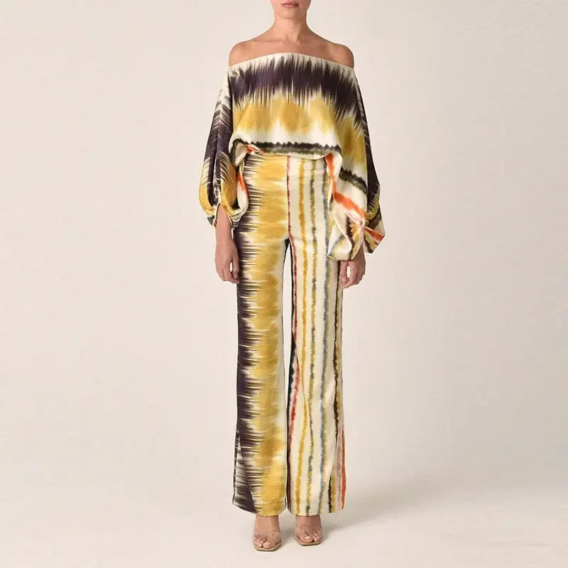 Casual Satin Commuting Suit Fashion Hollow Off Shoulder Tops With Long Pants Women 2 Piece Sets 2023 Spring Loose Print Outfits