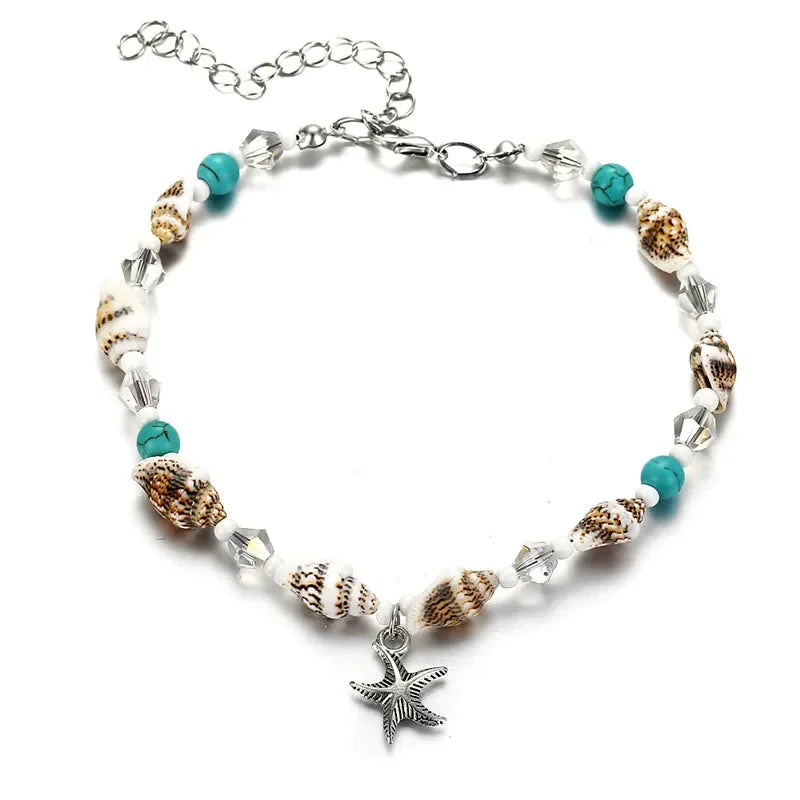 Modyle Vintage Silver Color Beads Starfish Anklets For Women Handmade Beaded Ankle Bracelet Summer Beach Foot Jewelry