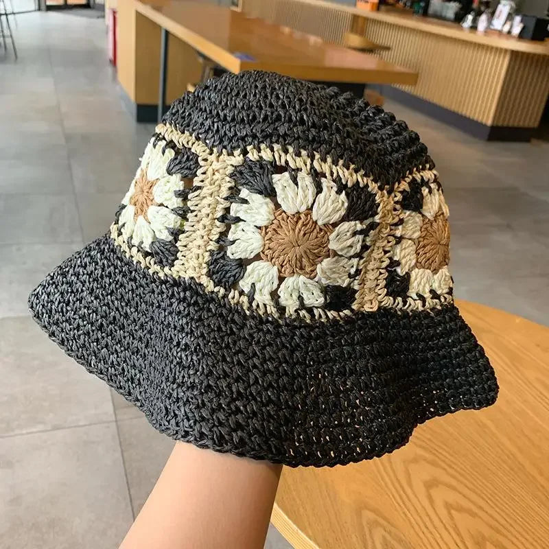 Women Sun Beach Crochet Flowers Hat Fisherman Hat Tourism Female Vacation Paper Straw Bucket Hat