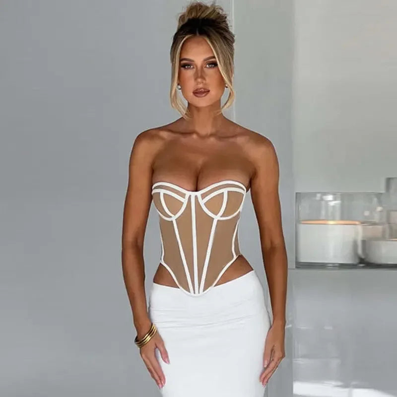 Sexy Slim Line Patchwork Sleeveless Corset Tops Women Backless Slight Stretch Summer 2023 Strapless Clothes Female Club Wear