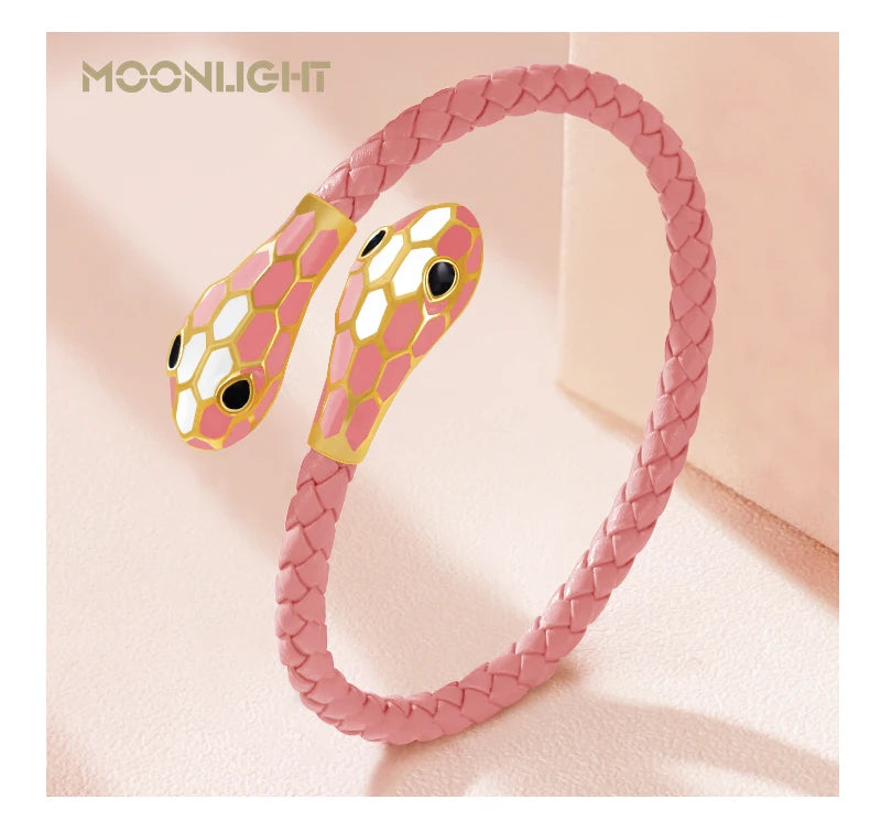 Double Snake Head Cuff Bangles Braided Leather