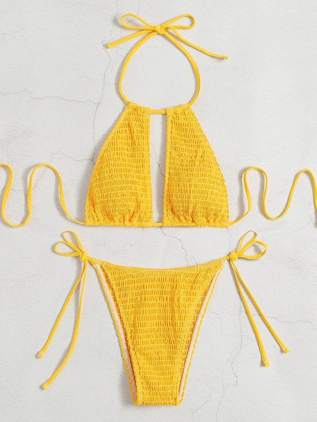 Smocked Halter Tie Side Bikini Swimsuit Women Two Piece Swimwear 2023 Bikini Set Summer Beach Bathing Suit Biquini