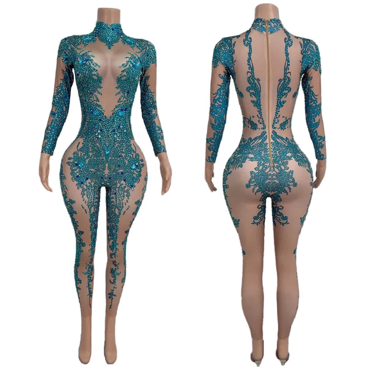 High Neck Crystal Appliqué Illusion Bodysuit
