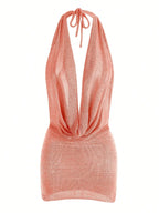 2026 Women New Year Bright Silk Dresses Sexy Stacked V Halter Neck Backless Knit Beach Mini Dress Summer Swimsuit Cover Up K145 Luxlife Brands